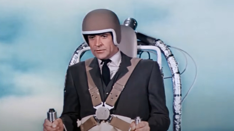 Sean Connery as James Bond flies a jetpack in Thunderball