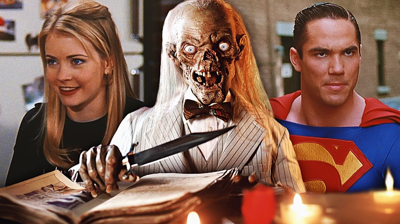 Composite image of Melissa Joan Hart's Sabrina Spellman in Sabrina the Teenage Witch, the Cryptkeeper from Tales from the Crypt, and Dean Cain's Superman from Lois & Clark: The New Adventures of Superman