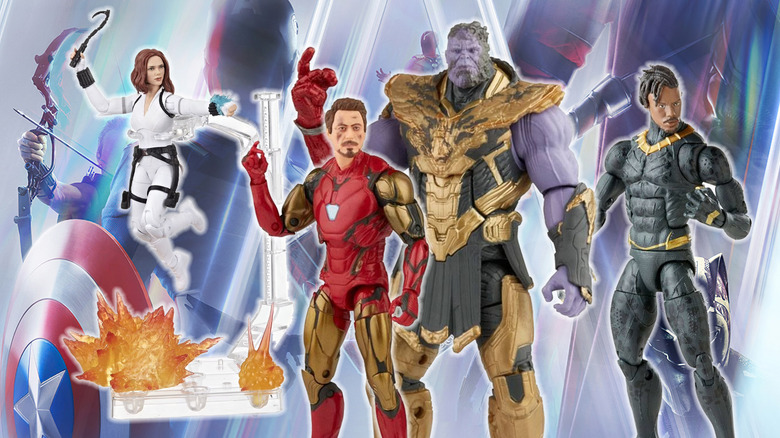 Images of the Black Widow, Iron Man, Thanos, and Killmonger Marvel Legends figures edited over a Marvel Cinematic Universe tableau