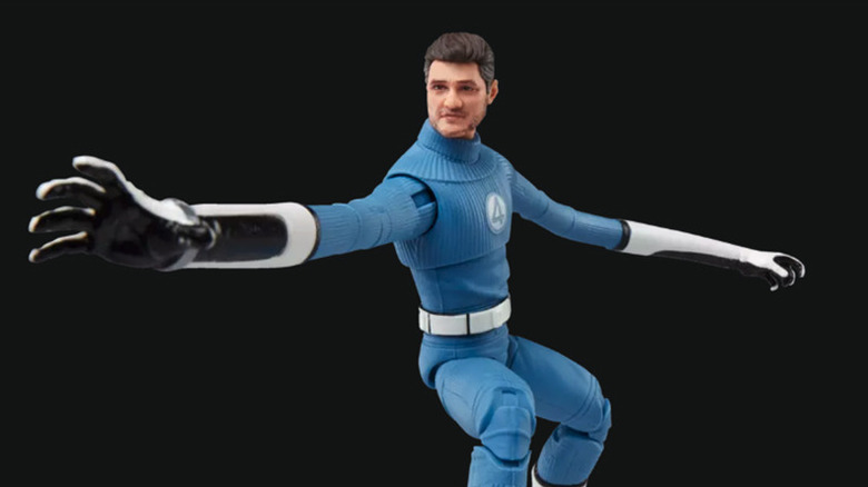 The Fantastic Four: First Steps Mister Fantastic Marvel Legends action figure, edited over an image of Pedro Pascal as Reed Richards from The Fantastic Four: The First Steps