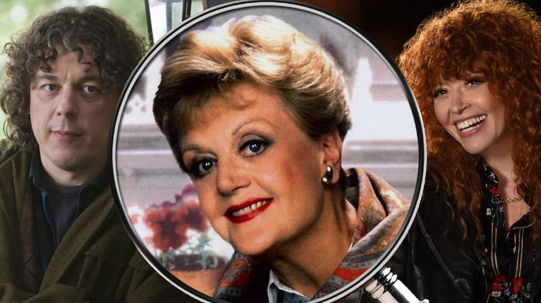 Angela Lansbury in a magnifying glass from Murder, She Wrote, with Jonathan Creek (Alan Davies) on the left and Charlie (Natasha Lyonne) from Poker Face on the left