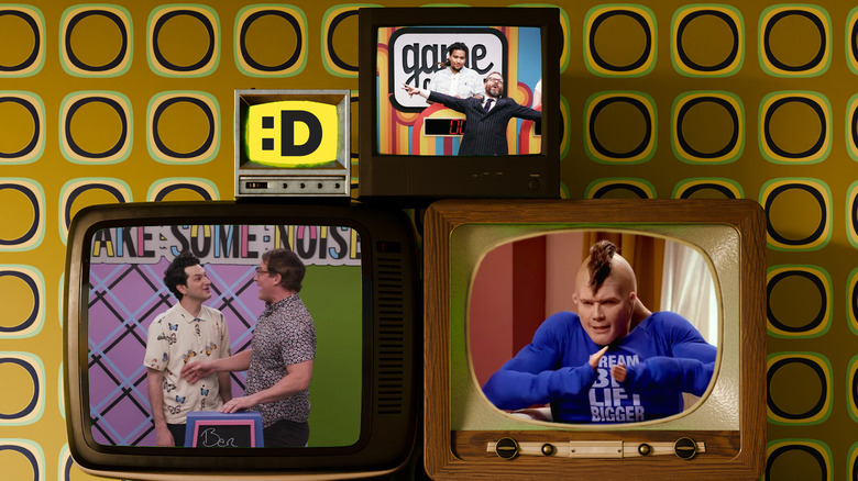 A series of televisions with images from Dropout TV shows displayed on them
