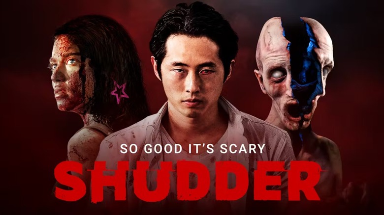 The Shudder logo in front of three figures from the service's offerings