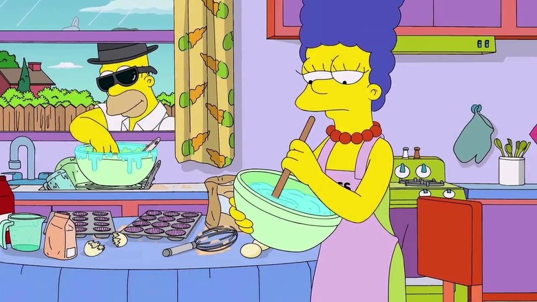 Marge making blue cupcakes for The Simpsons couch gag