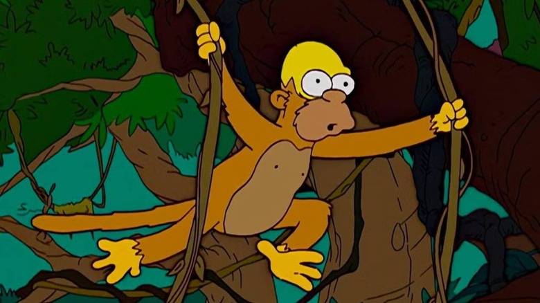 Homer as a monkey swinging on vines on The Simpsons