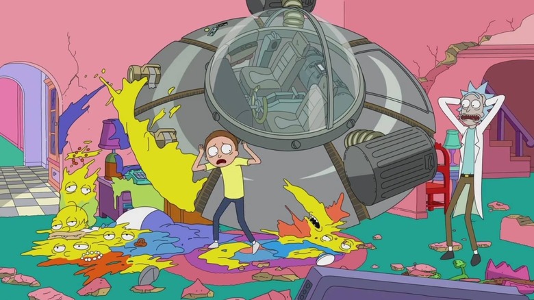 Rick and Morty crashing into the Simpsons