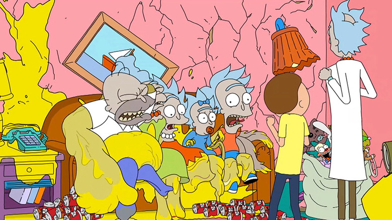The Simpsons turning into Rick Sanchez while on the couch