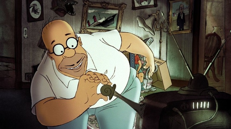 Homer plucking a snail from the TV on The Simpsons