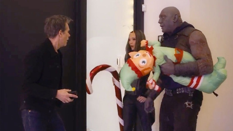 GOTG Holiday Special Mantis, Kevin Bacon, and Drax shocked