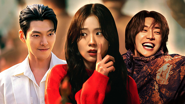 A collage of Kang Young-ju (Jisoo) from Newtopia, Moon-baek (Kim Young-kwan) from Trigger, and Genie (Kim Woo-Bin) from Genie, Make a Wish