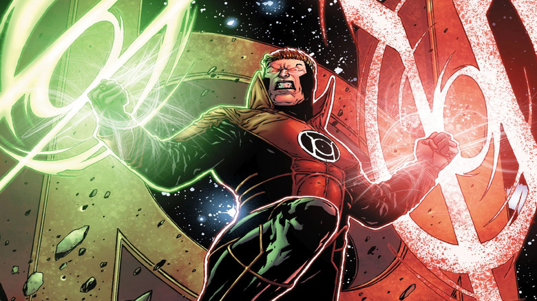 Guy Gardner wields Green Lantern and Red Lantern Power Rings at once on the cover of Red Lanterns #21