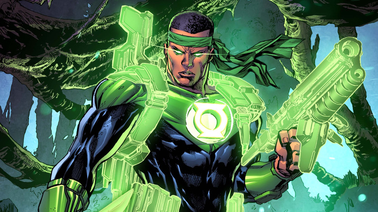 John Stewart creates power constructs of weapons and ammo on the cover of Green Lantern: War Journal #1