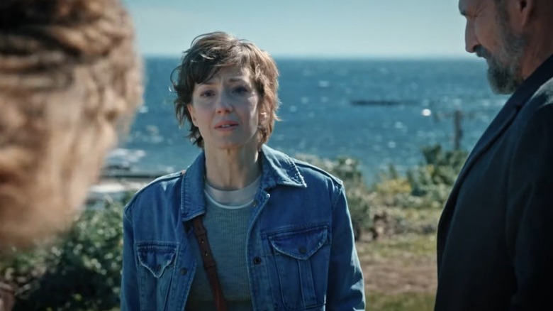 Carrie Coon as Nora Durst talking to Christopher Eccleston as Matt Jamison and Amy Brenneman as Laurie Garvey on The Leftovers