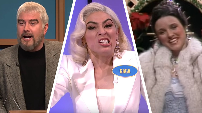 Darrell Hammond, Melissa Villaseñor, and Julia Louis-Dreyfus in SNL sketches in a composite image
