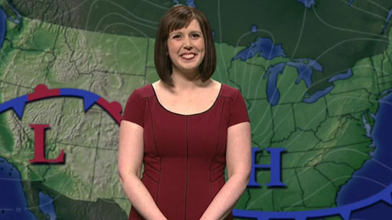 Vanessa Bayer as Dawn Lazarus doing the weather on Weekend Update