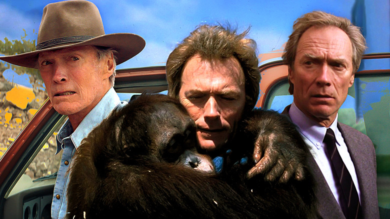 A collage of Philo Beddoe (Clint Eastwood) being hugged by Clyde the orangutan, flanked by Mike Milo (Eastwood) in Cry Macho, and Harry Callahan (Eastwood) in The Dead Pool