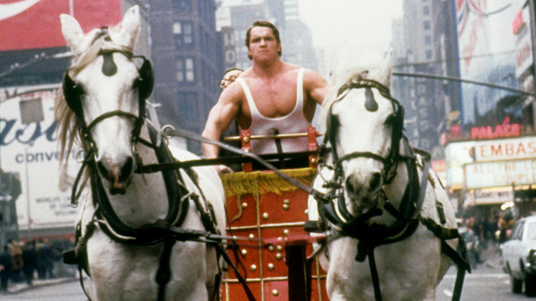 Arnold Schwarzenegger as Hercules riding horse carriage Hercules in New York