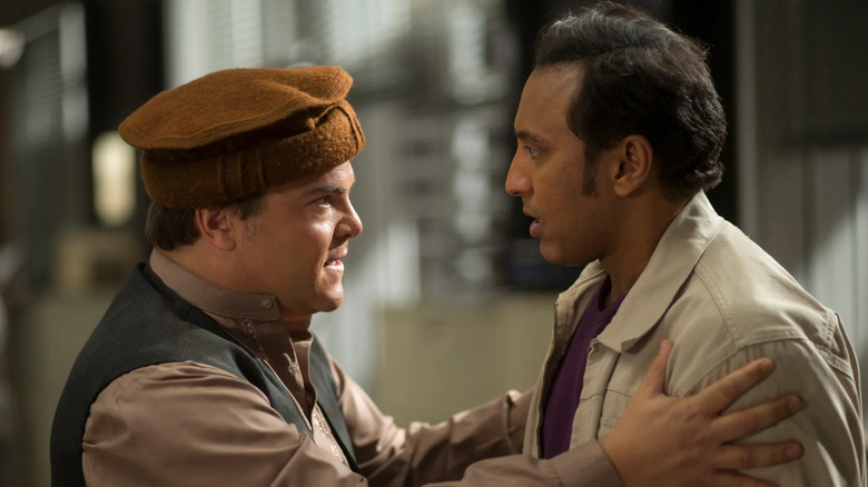 Jack Black and Aasif Mandvi as Alex and Rafiq speaking tensely on The Brink