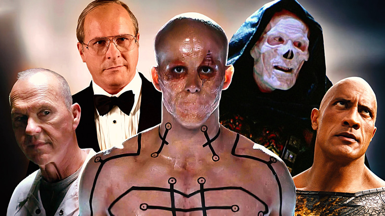 Ryan Reynolds in his final, awful Deadpool form from X-Men Origins: Wolverine, Christian Bale in Vice, Frank Langella as Skeletor in Masters of the Universe, Dwayne Johnson as Black Adam, and Michael Keaton from the Morbius credits scene in a composite image