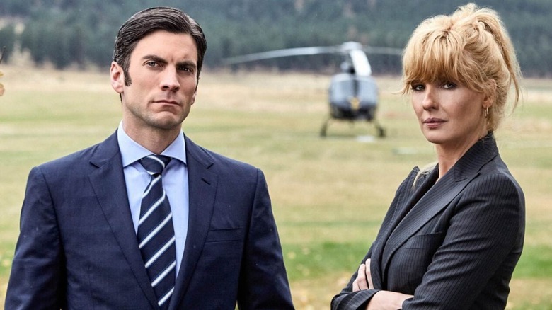 Wes Bentley as Jamie Dutton stands next to Kelly Reilly as Beth Dutton in Yellowstone