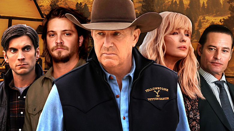 Wes Bentley as Jamie Dutton, Luke Grimes as Kayce Dutton, Kevin Costner as John Dutton, Kelly Reilly as Beth Dutton, and Josh Holloway as Roarke in Yellowstone.