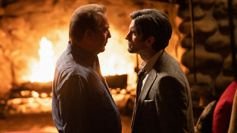 Kevin Costner as John Dutton stands face-to-face with Wes Bentley as Jamie Dutton in Yellowstone