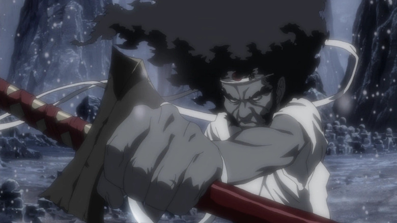 Afro Samurai (Samuel L. Jackson) clutches a katana in the mountains in Afro Samurai