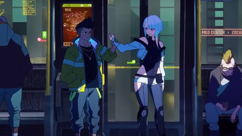 David Martinez (Zach Aguilar) grabs Lucy Kushinada's (Emi Lo) wrist on the subway in Cyberpunk: Edgerunners