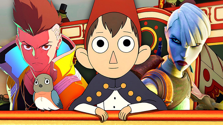 A collage of David Martinez (Zach Aguilar) in Cyberpunk: Edgerunners, Beatrice (Melanie Lynskey) and Wirt (Elijah Wood) in Over the Garden Wall, and Asajj Ventress (Nika Futterman) in Star Wars: Tales of the Underworld