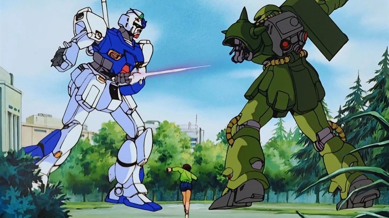 Al running towards two Gundams fighting in a park in Mobile Suit Gundam 0080: War in the Pocket