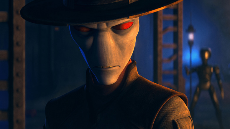 Cad Bane (Corey Burton) glares up from the shadows in Star Wars: Tales of the Underworld