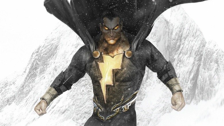 Black Adam with glowing eyes