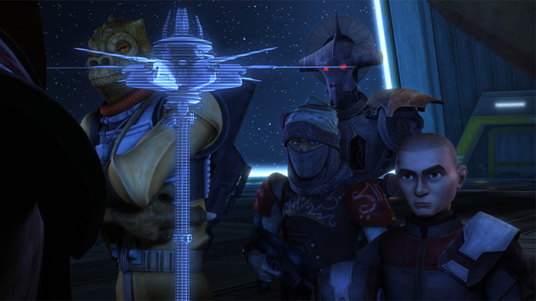 Bossk Dengar Boba Fett look at hologram