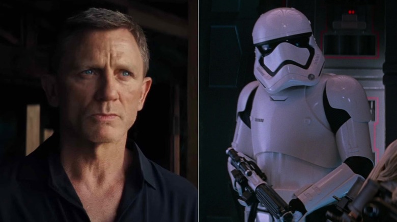 James Bond (Daniel Craig) in No Time To Die next to an unnamed stormtrooper in Star Wars: The Force Awakens (2015)