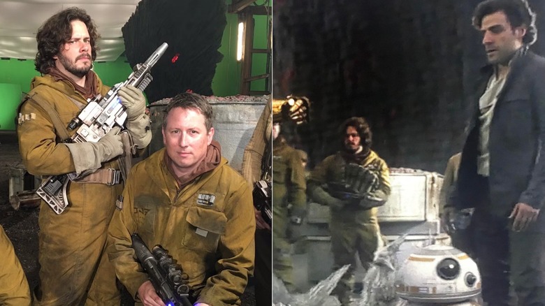 Edgar Wright and Joe Cornish behind the scenes of Star Wars: The Last Jedi (2017) next to a Edgar Wright in the background as a Resistance Trooper behind Poe Dameron (Oscar Isaac) and BB-8 in Star Wars: The Last Jedi (2017)