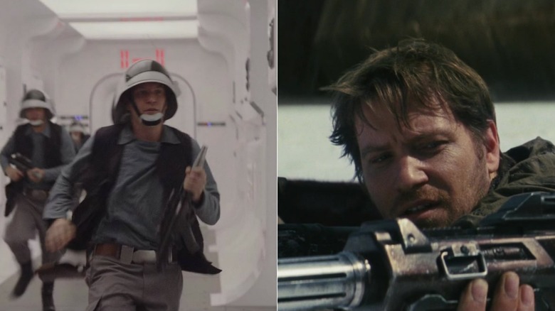 A Rebel Trooper running down the halls on Tantive IV in "Rogue One: A Star Wars Story," and a Resistance Trooper in a trench on Crait in "Star Wars: The Last Jedi"