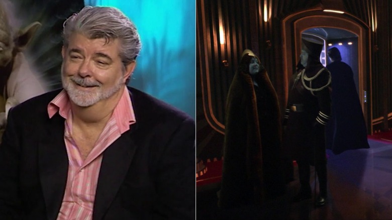 George Lucas sitting down for an interview next to Notluwiski Papanoida (George Lucas) and Chi Eekway (Katie Lucas) standing at the Opera House in front of Anakin Skywalker (Hayden Christensen) in Star Wars: Revenge of the Sith