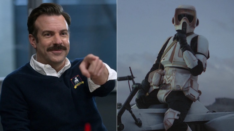 Ted Lasso (Jason Sudeikis) pointing in Ted Lasso (2020) next to an unnamed Scout Trooper in The Mandalorian (2019)