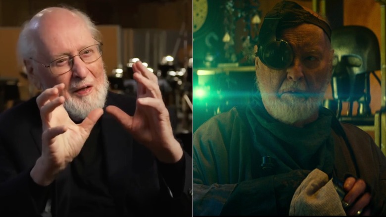 John Williams being interviewed in a recording studio next to Oma Tres (John Williams) tending bar in Kijimi City in Star Wars: The Rise of Skywalker (2019)