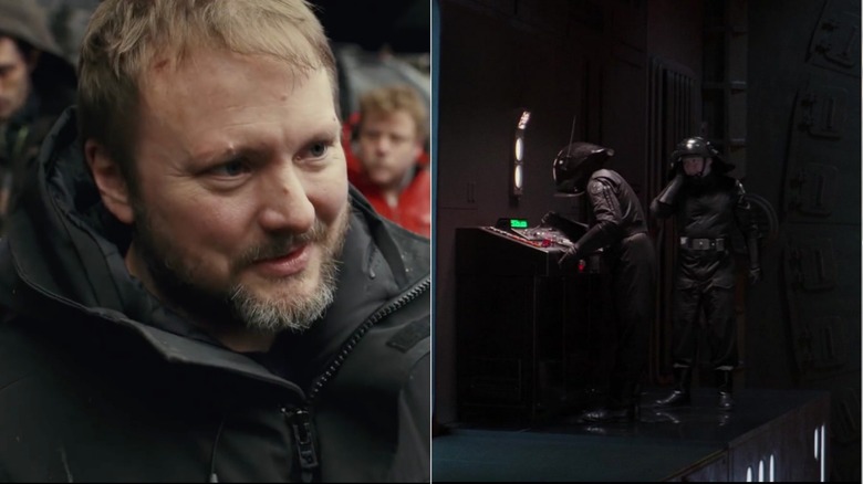 Two Death Star technicians firing the station's blaster next to Rian John directing on the set of Star Wars: The Last Jedi (2017)
