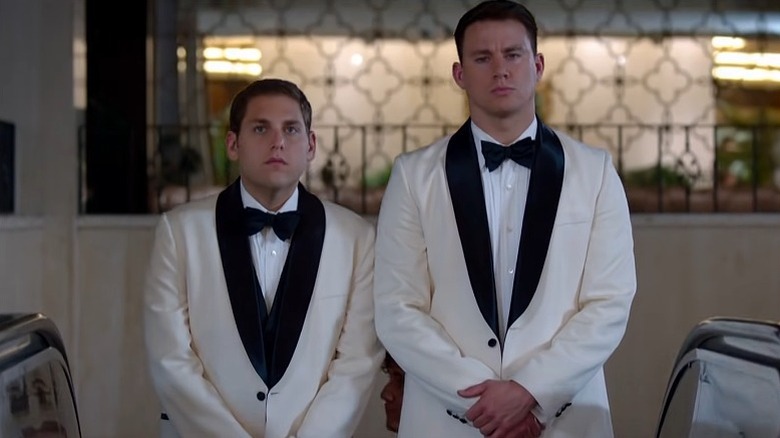 Jonah Hill Channing Tatum white tuxedos escalator