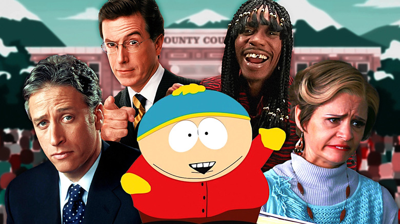 Jon Stewart, Stephen Colbert, Dave Chappelle as Rick James and Amy Sedaris as Jerri Blank surrounding Eric Cartman