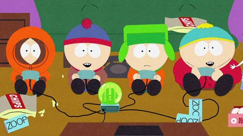 Kenny, Stan, Kyle, and Cartman playing video games on South Park