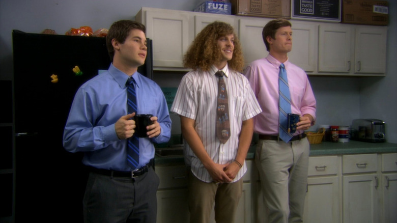 Adam (Adam DeVine), Blake (Blake Anderson), and Anders (Anders Holm) at the office on Workaholics