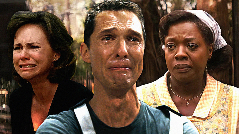 Composite image of Sally Fields crying as M'Lynn in Steel Magnolias, Matthew McConaughey crying as Cooper in Interstellar, and Viola Davis tearful as Rose in Fences