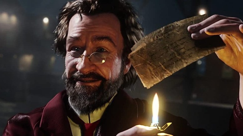 Sakharine in The Adventures of Tintin setting paper on fire