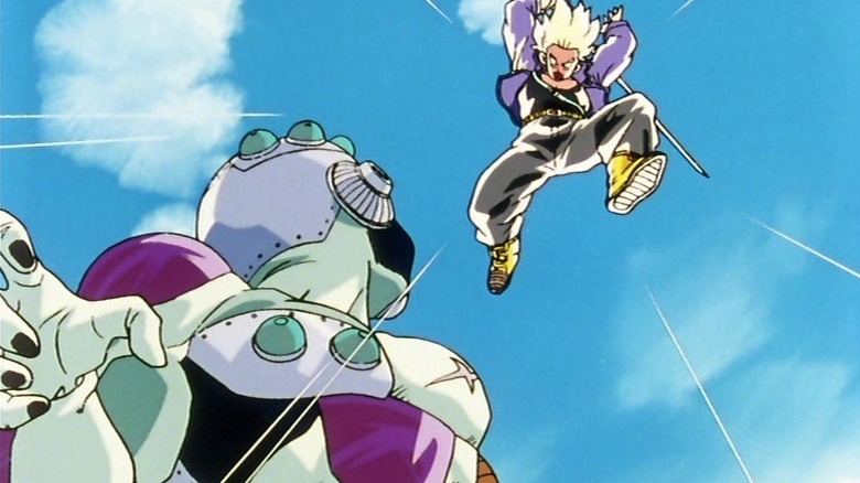 Super Saiyan Trunks lunges at Frieza with his sword held high in Dragon Ball Z