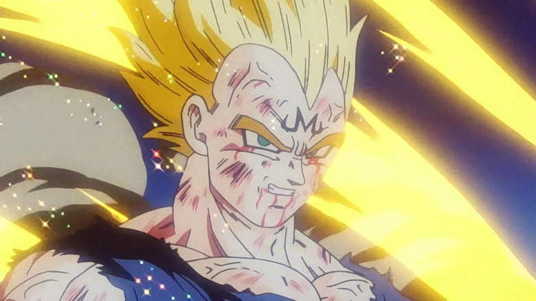 A wounded Super Saiyan 2 Majin Vegeta grins in Dragon Ball Z