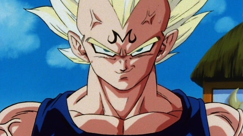 Super Saiyan Majin Vegeta smirks evilly in Dragon Ball Z