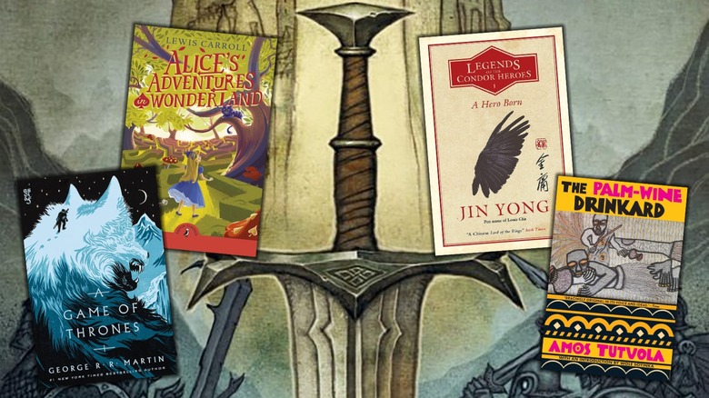 The covers of A Game of Thrones, Alice's Adventures in Wonderland, Legends of the Condor Heroes: A Hero Born, and The Palm-Wine Drinkard on a cover for Lord of the Rings: Return of the King